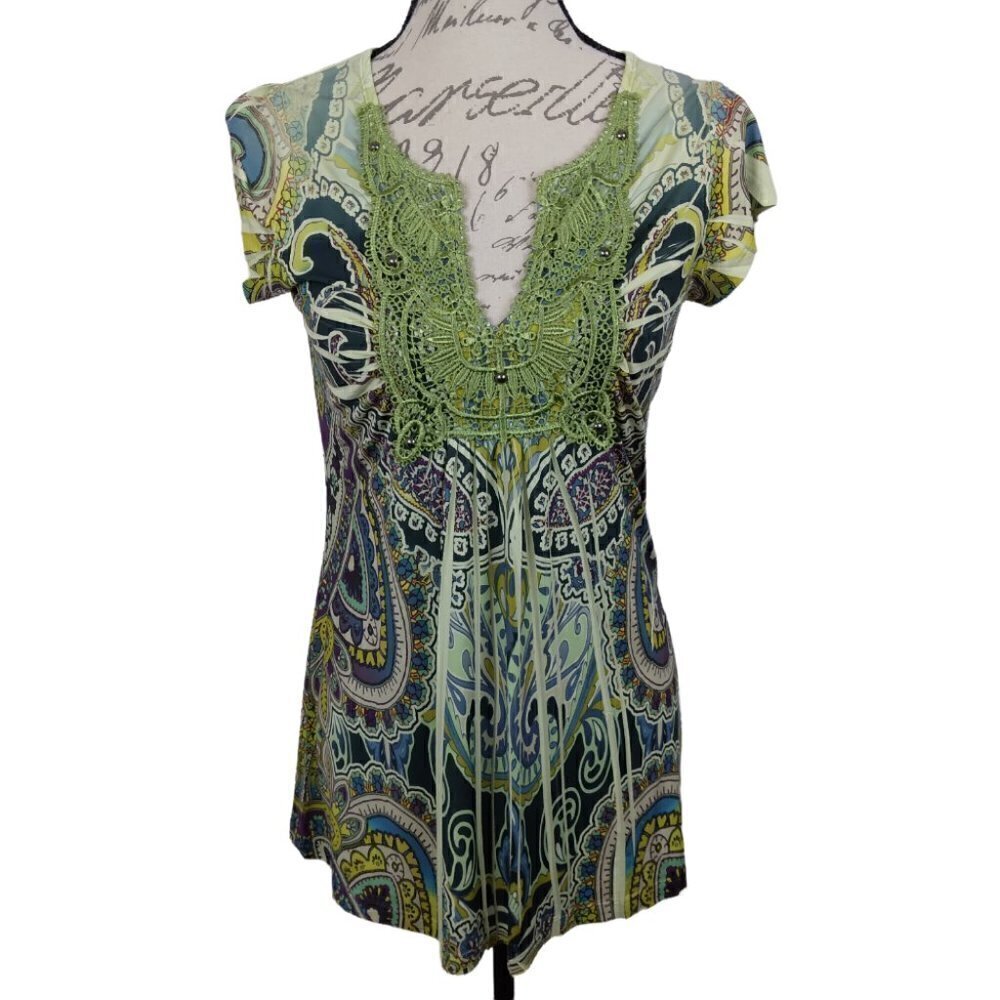 Roz & Ali | Green Boho Lace Stretch Top | Size S